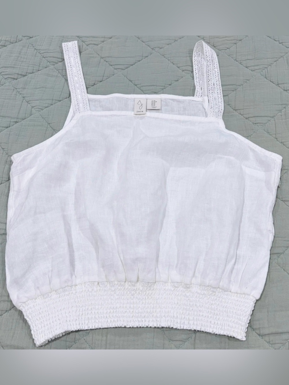 Joie White Linen Smocked-Band Cami with Lace Straps